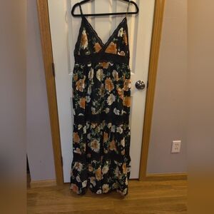 Floral Maxi Dress with Black Lace Trim